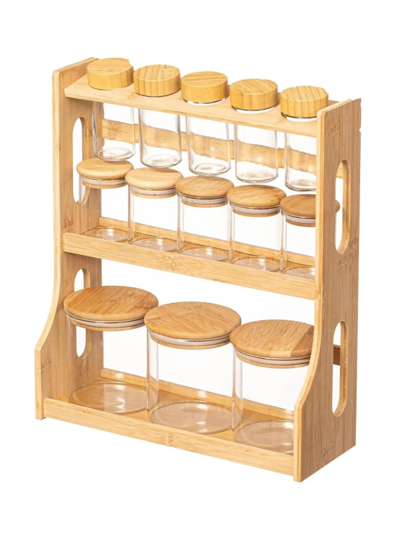 LDQ "Wooden Spice Rack Set with Airtight Glass Jars – 3pcs 600ml, 5pcs 250ml, 5pcs 80ml with wooden rack | Natural Wood Organizer with Wooden Lids for Kitchen Storage & Seasoning" - Image 2