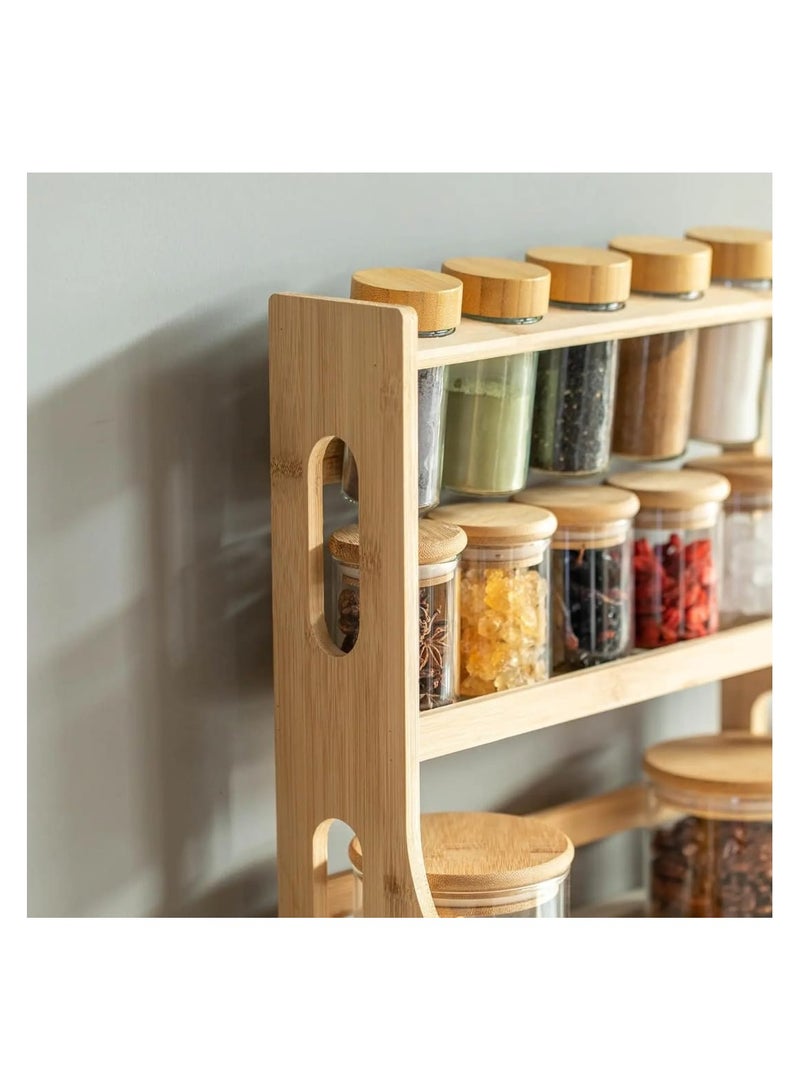 LDQ "Wooden Spice Rack Set with Airtight Glass Jars – 3pcs 600ml, 5pcs 250ml, 5pcs 80ml with wooden rack | Natural Wood Organizer with Wooden Lids for Kitchen Storage & Seasoning" - Image 3