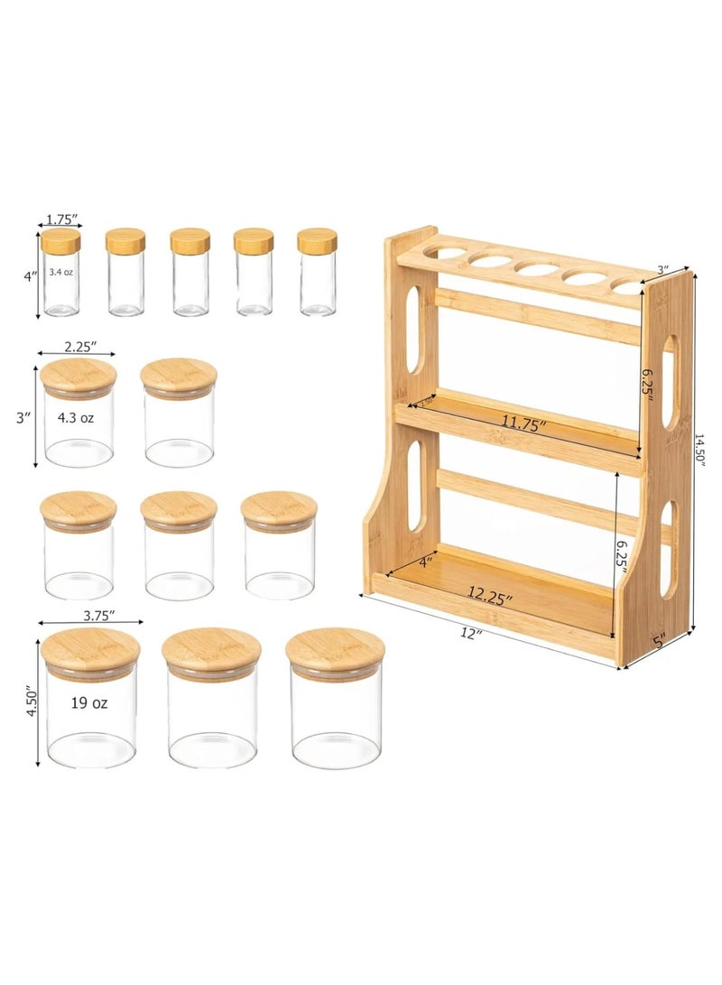 LDQ "Wooden Spice Rack Set with Airtight Glass Jars – 3pcs 600ml, 5pcs 250ml, 5pcs 80ml with wooden rack | Natural Wood Organizer with Wooden Lids for Kitchen Storage & Seasoning" - Image 5