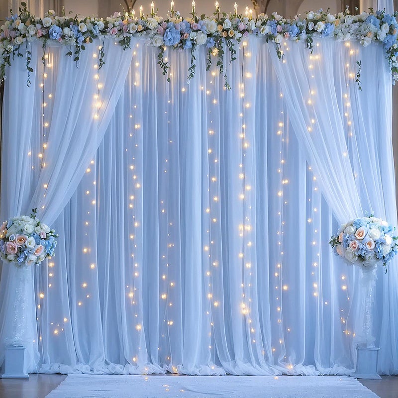 Suppromo Blue Tulle Backdrop Curtains with Lights String for Parites Baby Shower 30Ã—8ft Blue Sheer Backdrop Curtains Drapes for Bridal Shower Birthday Party Photo Shoot Background Decorations(6 Panels 5Ã—8ft) - Image 1