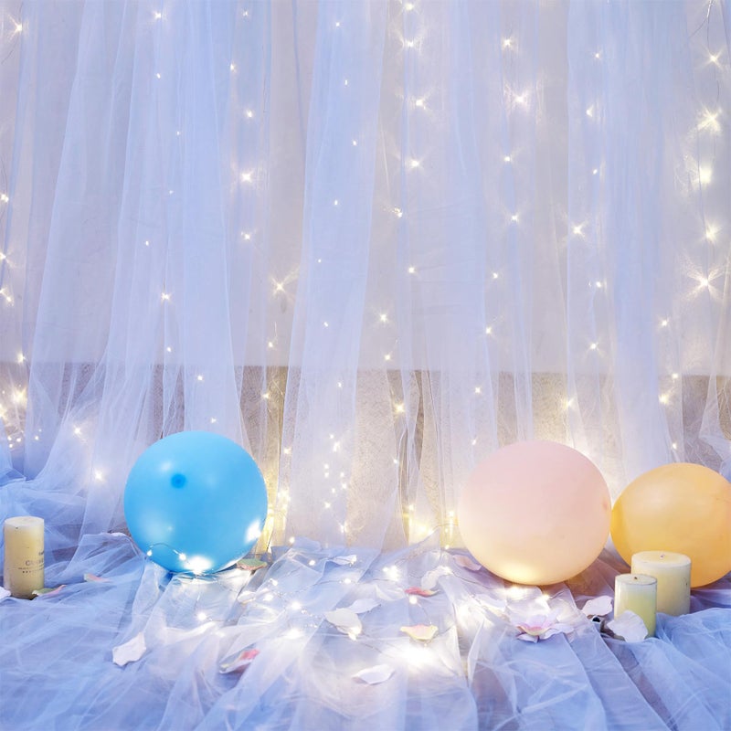 Suppromo Blue Tulle Backdrop Curtains with Lights String for Parites Baby Shower 30Ã—8ft Blue Sheer Backdrop Curtains Drapes for Bridal Shower Birthday Party Photo Shoot Background Decorations(6 Panels 5Ã—8ft) - Image 5