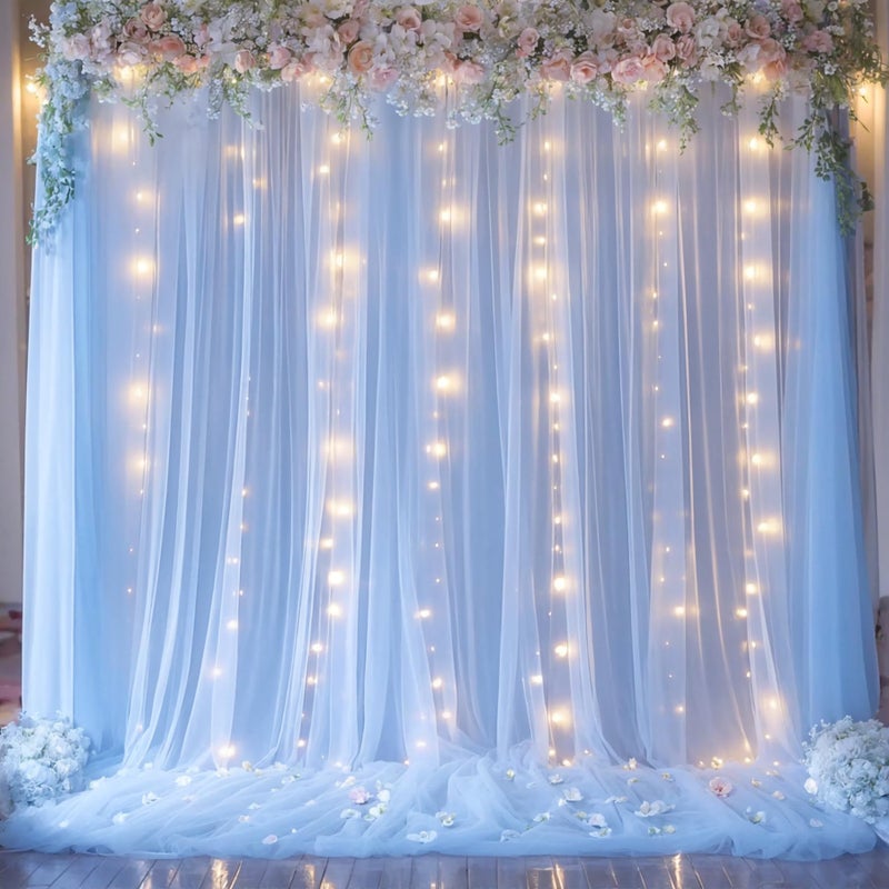 Suppromo Blue Tulle Backdrop Curtains with Lights String for Parites Baby Shower 30Ã—8ft Blue Sheer Backdrop Curtains Drapes for Bridal Shower Birthday Party Photo Shoot Background Decorations(6 Panels 5Ã—8ft) - Image 2