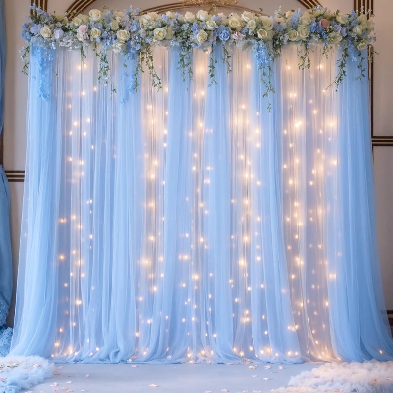 Suppromo Blue Tulle Backdrop Curtains with Lights String for Parites Baby Shower 30Ã—8ft Blue Sheer Backdrop Curtains Drapes for Bridal Shower Birthday Party Photo Shoot Background Decorations(6 Panels 5Ã—8ft) - Image 4