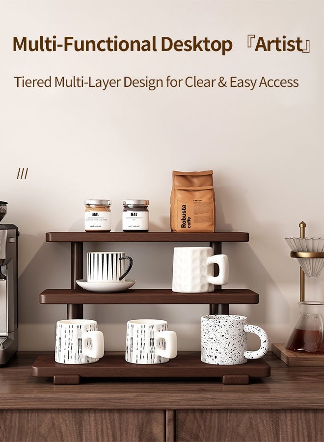 CozyNest Walnut Wood Desktop Organizer Shelf, Tiered Display Rack for Coffee Mugs, Tea Cups u0026 Home Countertop Storage - Image 2