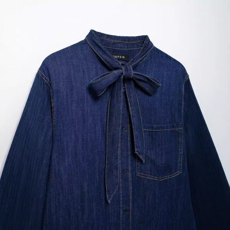 Autum New Style Bow Decorated Single Flap Pocket Pants Denim Shirt 5520267 - Image 3