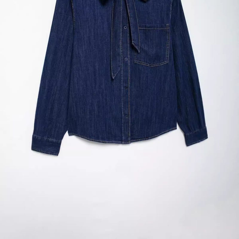 Autum New Style Bow Decorated Single Flap Pocket Pants Denim Shirt 5520267 - Image 4