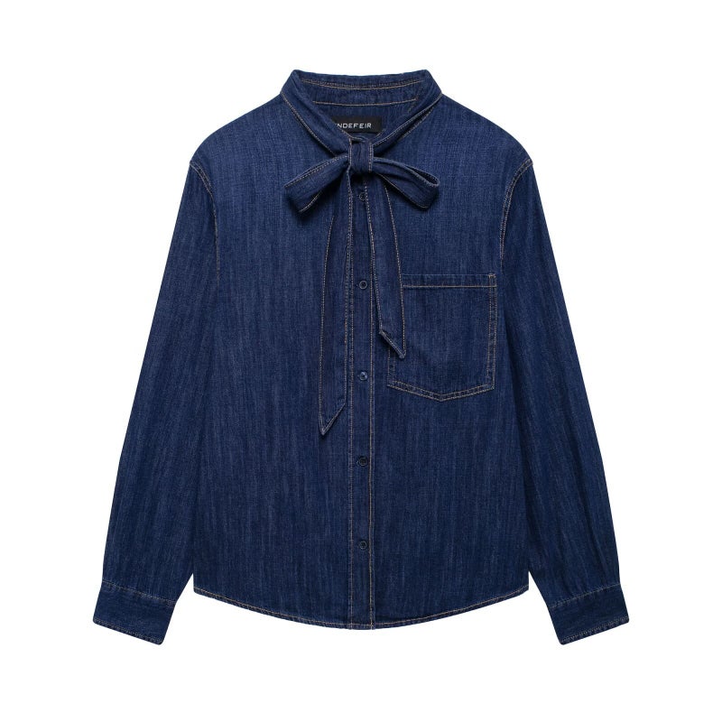 Autum New Style Bow Decorated Single Flap Pocket Pants Denim Shirt 5520267 - Image 1