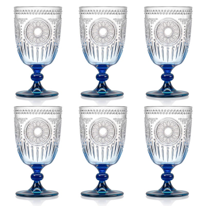 XUWAIDSGN 6Pcs Plastic Vintage Wine Glasses 13.5oz Reusable Embossed Goblet Glasses Blue Gradient Retro Wine Glassware Unbreakable Stemmed Champagne Water Cups for Wine Cocktail Juice Wedding - Image 1