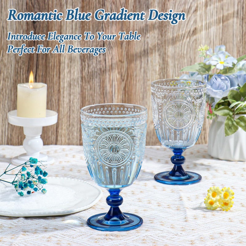 XUWAIDSGN 6Pcs Plastic Vintage Wine Glasses 13.5oz Reusable Embossed Goblet Glasses Blue Gradient Retro Wine Glassware Unbreakable Stemmed Champagne Water Cups for Wine Cocktail Juice Wedding - Image 4
