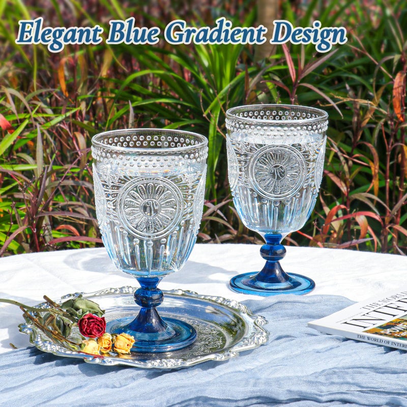 XUWAIDSGN 6Pcs Plastic Vintage Wine Glasses 13.5oz Reusable Embossed Goblet Glasses Blue Gradient Retro Wine Glassware Unbreakable Stemmed Champagne Water Cups for Wine Cocktail Juice Wedding - Image 3