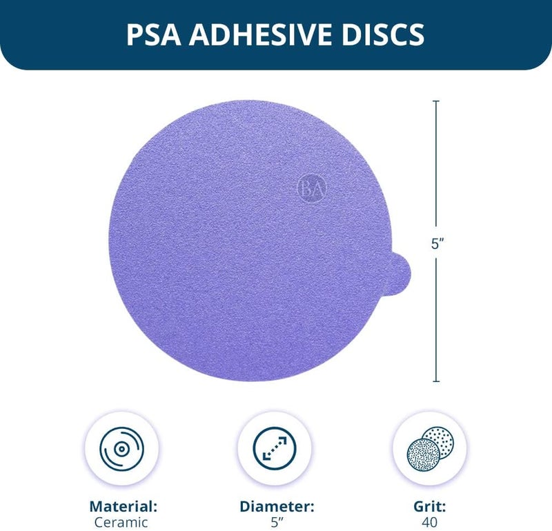 Benchmark Abrasives أقراص صنفرة ذاتية اللصق 5 بوصة مع حبيبات سيراميكية ورقية صنفرة DA 5 بوصة مع سطح تبويب لدمج التشطيبات النهائية لأدوات الصنفرة الدائرية (50 حزمة)، 40 حبيبة - Image 2