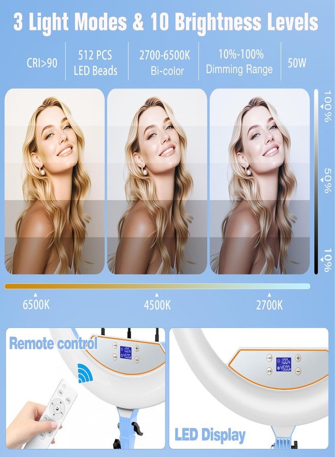 ماكتريم طقم إضاءة حلقية 22 بوصة: حامل ثلاثي القوائم للإضاءة الحلقية لأجهزة iPhone و iPad، مع حامل ثلاثي القوائم 75 بوصة / شاشة LCD / منفذي USB، حامل علوي للهاتف لتسجيل الفيديو، اجتماعات Zoom، YouTube، TikTok (أزرق) - Image 4