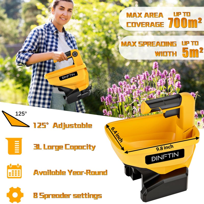 Dinftin Battery Operated Spreader Compatible for Dewalt 20V/60V Li-ion Battery, Seed Spreader Handheld Available Year-Round, Grass Seeds, Rock Salt and De-icer Out-Doors (Battery not Included) - Image 2