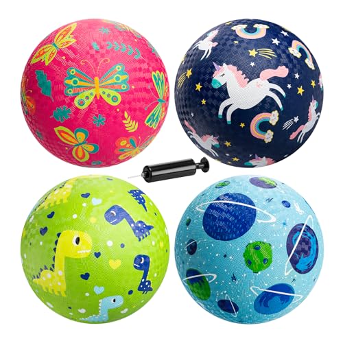 ZOOJOY Pack of 4 Cartoon Playground Balls 85 Rubber Bouncy Kickball Set Indoor Outdoor Dodgeball Kickball Balls for Toddler 312 School Games Toys for Boys and Girls with Pumps and Boxes - Image 1