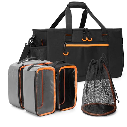 GRAOSO Camping Gear Organizer, 3 Pcs Camping Packing Cubes and 1 Pcs Mesh Pocket with Carrying Bag for Kitchen Supplies, 5-in-one Tactical Travel Storage with Transparent Window for Car Trunk, 45L - Image 1