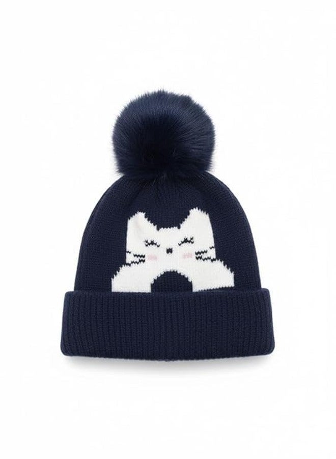 FAMWRAPZ Baby Woolen Cap with Big Bow - Soft Knitted Winter Beanie Hat for Infants & Toddlers (6-24 Months) Navy Blue - Image 1