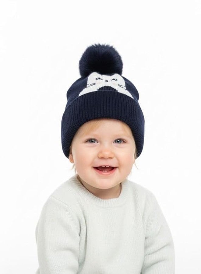 FAMWRAPZ Baby Woolen Cap with Big Bow - Soft Knitted Winter Beanie Hat for Infants & Toddlers (6-24 Months) Navy Blue - Image 2