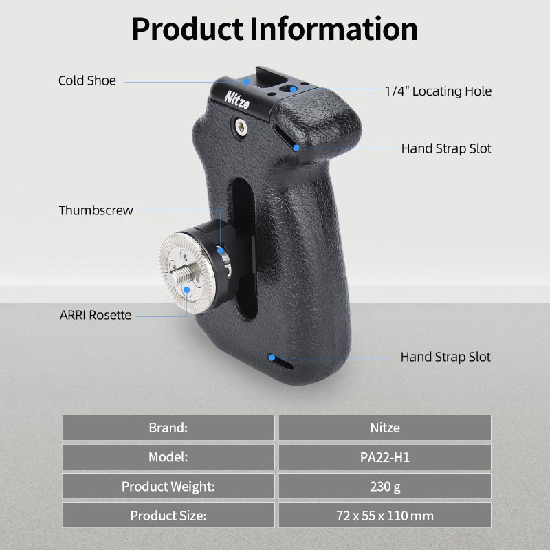 Nitze Rosette Side Handle, Camera Side Handle with Rosette for ARRI Standard, Built-in Cold Shoe and 1/4" Locating Hole, Up/Down and Left/Right Adjustable - PA22-H1 - Image 2