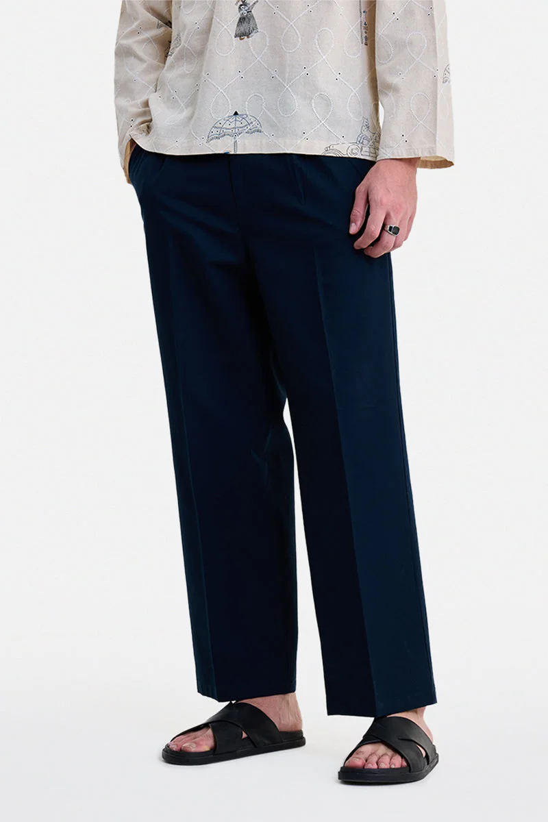 سنيتش Navy Blue Solid Relaxed Trousers