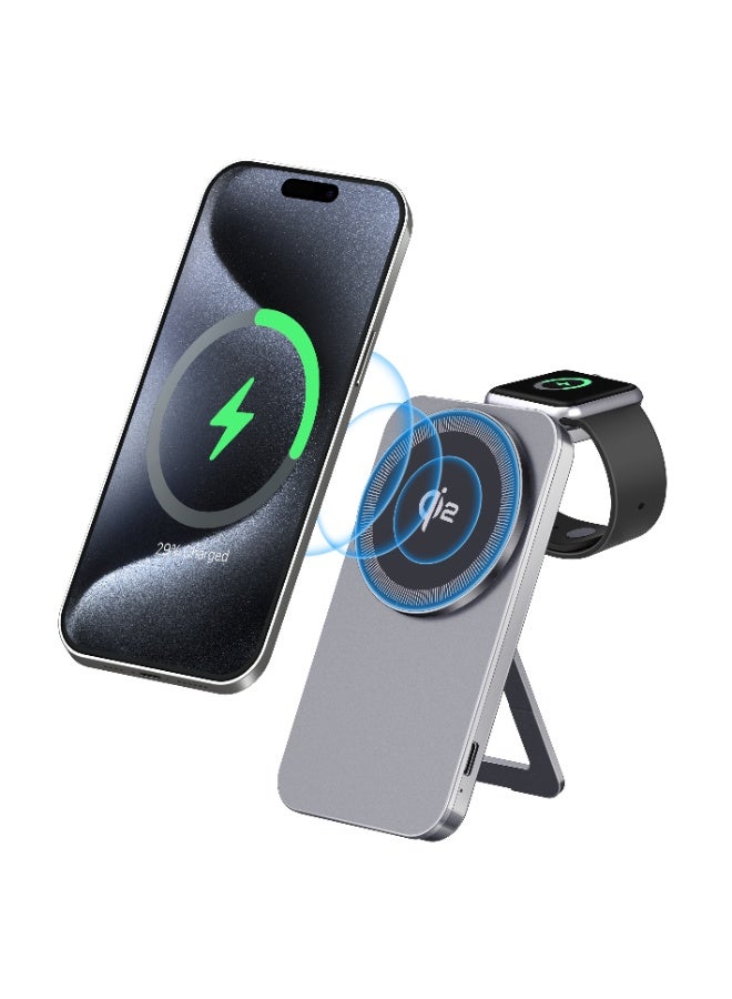 GREEN LION MagSafe Stand Duo with Built-in Kickstand & Qi2 Standard / 15W Wireless Charger / Mobile Phone & Smartwatch Charger / Foldable & Ultra Slim / Aluminum Alloy Casing / Fast Charging - Grey - Image 1