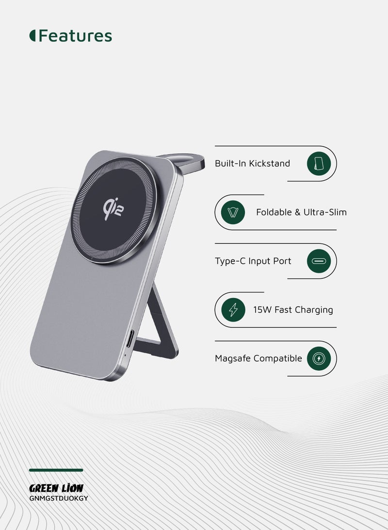 GREEN LION MagSafe Stand Duo with Built-in Kickstand & Qi2 Standard / 15W Wireless Charger / Mobile Phone & Smartwatch Charger / Foldable & Ultra Slim / Aluminum Alloy Casing / Fast Charging - Grey - Image 2