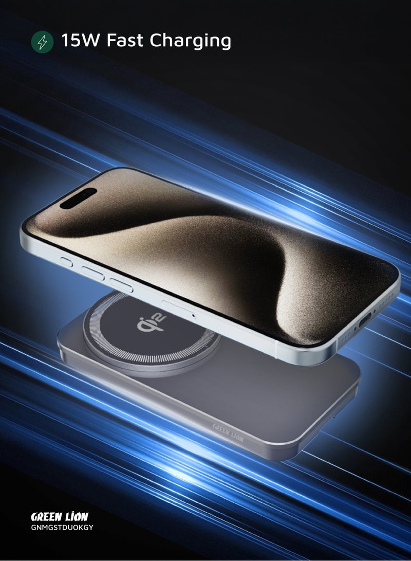 GREEN LION MagSafe Stand Duo with Built-in Kickstand & Qi2 Standard / 15W Wireless Charger / Mobile Phone & Smartwatch Charger / Foldable & Ultra Slim / Aluminum Alloy Casing / Fast Charging - Grey - Image 5