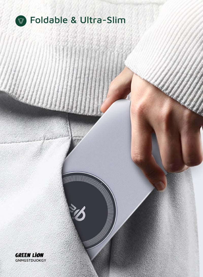 GREEN LION MagSafe Stand Duo with Built-in Kickstand & Qi2 Standard / 15W Wireless Charger / Mobile Phone & Smartwatch Charger / Foldable & Ultra Slim / Aluminum Alloy Casing / Fast Charging - Grey - Image 4