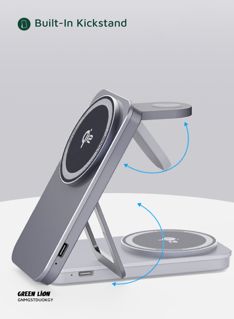 GREEN LION MagSafe Stand Duo with Built-in Kickstand & Qi2 Standard / 15W Wireless Charger / Mobile Phone & Smartwatch Charger / Foldable & Ultra Slim / Aluminum Alloy Casing / Fast Charging - Grey - Image 3