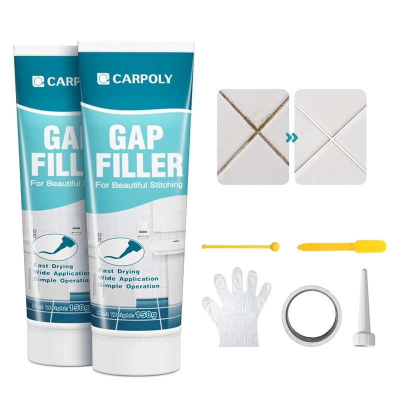 CARPOLY Tile Grout Repair Kit, 2 Pack White Grout Filler for Bathroom, Kitchen, Rstore & Renew Tile Joints Line, Triple Protection, Fast Drying Shower Grout with Tools(White, 10.58oz/300g) - Image 1
