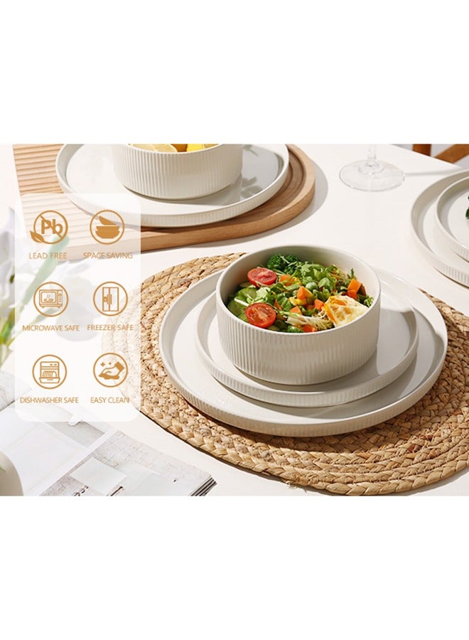 MONITO 12 Piece Stoneware Dinner Set, 4x25.6cm Dinner Plates, 4x20cm Salad Plates, 4x14cm Bowls, Modern Design in Glossy Finish, Microwave & Dishwasher Safe - White  - Image 2