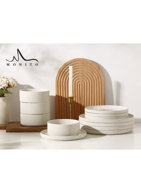 12 Piece Stoneware Dinner Set, 4X25.6Cm Dinner Plates, 4X20Cm Salad Plates, 4X14Cm Bowls, Modern Design In Glossy Finish, Microwave & Dishwasher Safe - White