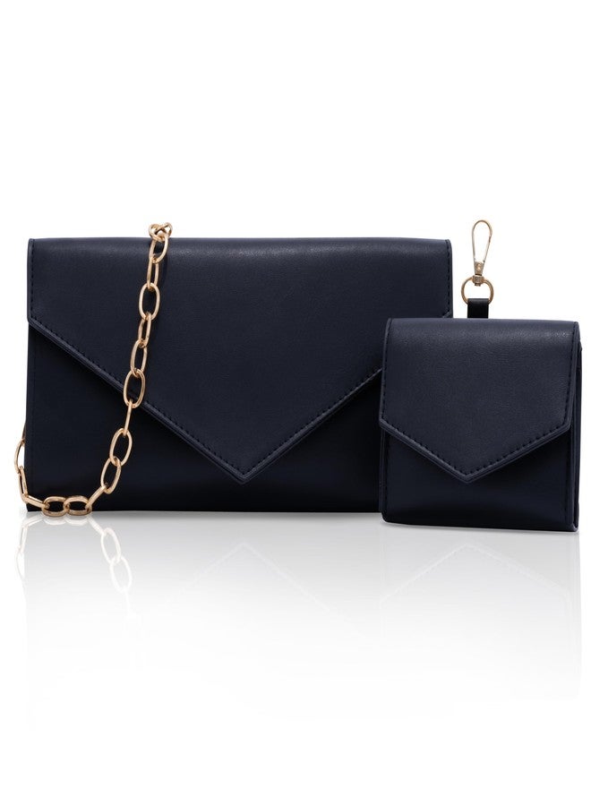 Larcenciel مجموعة حقائب كلتش ظرف من لارسينسيل 2 قطعة مع حزام سلسلة ومحفظة متطابقة، حقائب يد نسائية جلدية سوداء، حقائب أنيقة للحفلات عبر الجسم للفعاليات الرسمية، الزفاف، الكوكتيل، الحفلات الراقصة - Image 1