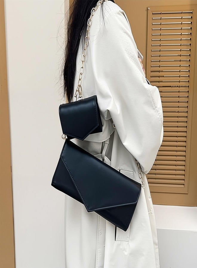 Larcenciel مجموعة حقائب كلتش ظرف من لارسينسيل 2 قطعة مع حزام سلسلة ومحفظة متطابقة، حقائب يد نسائية جلدية سوداء، حقائب أنيقة للحفلات عبر الجسم للفعاليات الرسمية، الزفاف، الكوكتيل، الحفلات الراقصة - Image 3