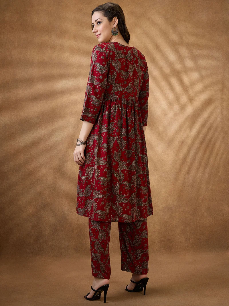 globus Women Maroon Round Neck Crop Top With Pants & Embroidered Gathered Tie-Up Shrug Fusion Co-Ord Set