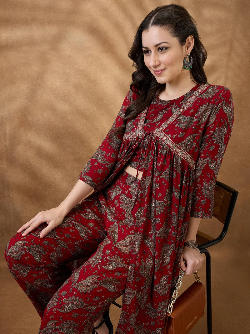 globus Women Maroon Round Neck Crop Top With Pants & Embroidered Gathered Tie-Up Shrug Fusion Co-Ord Set