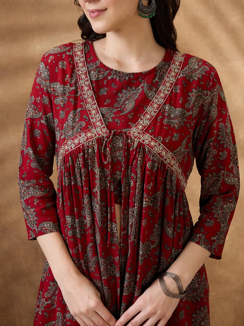 globus Women Maroon Round Neck Crop Top With Pants & Embroidered Gathered Tie-Up Shrug Fusion Co-Ord Set