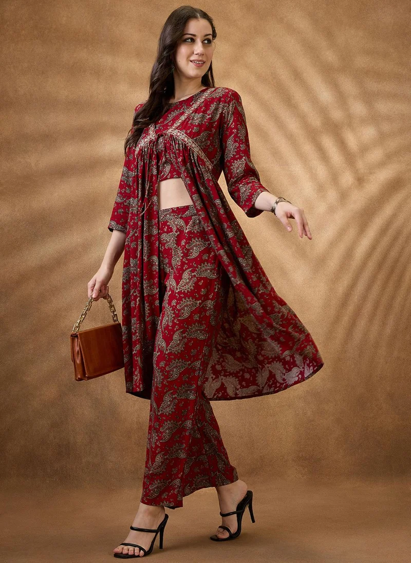 Globus Women Maroon Round Neck Crop Top With Pants & Embroidered Gathered Tie-Up Shrug Fusion Co-Ord Set