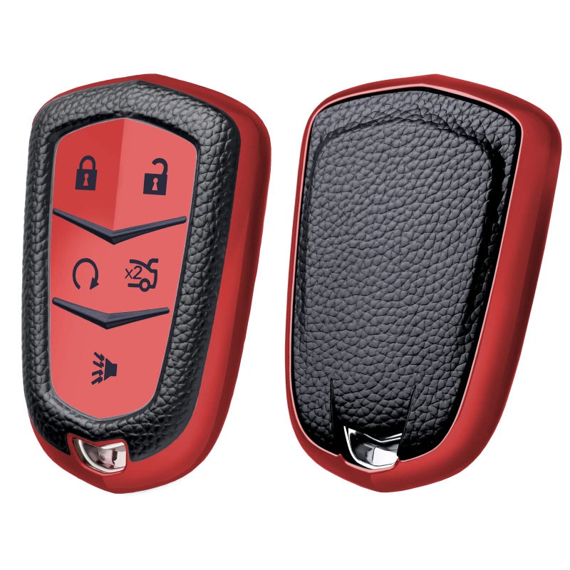 غطاء مفتاح ELOHEI لمفتاح كاديلاك 2015-2019 كاديلاك إسكاليد CTS SRX XT5 ATS STS CT6 5 أزرار حماية كاملة من TPU ناعم بزاوية 361 درجة بنسيج جلدي أحمر