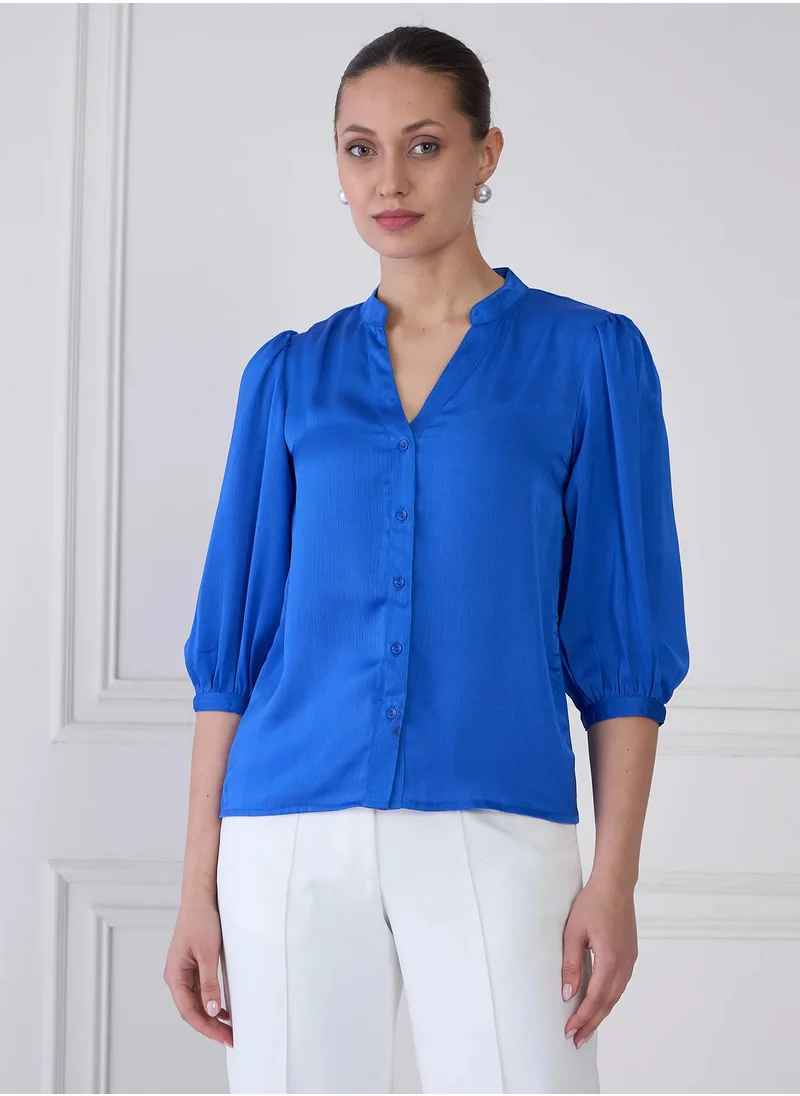 سولت اتاير Stylish Band Collar Top with Contrast Pattern Placement, Button Down Opening, and Chic 3/4th Length Blouson Sleeves for Effortless Everyday Fashion