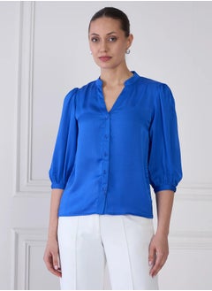 Salt Attire Women's Stylish Band Collar Top with Contrast Pattern Placement, Button Down Opening, and Chic 3/4th Length Blouson Sleeves for Effortless Everyday Fashion  - Image 1