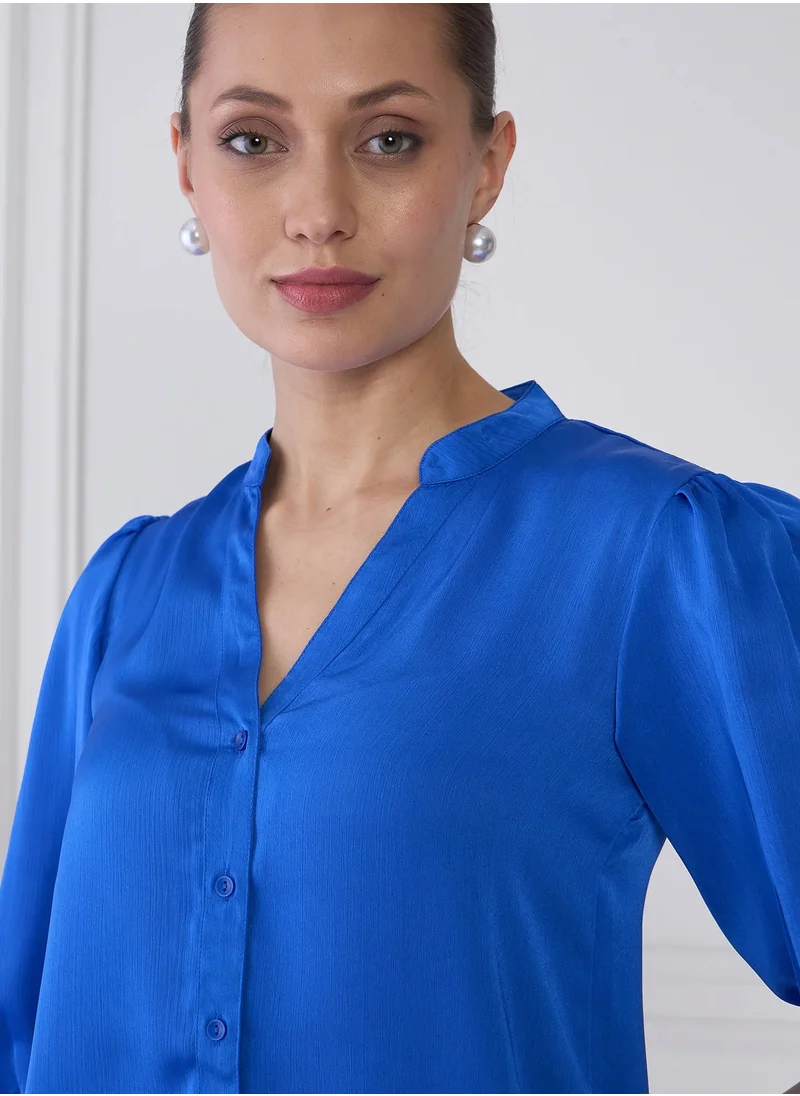 سولت اتاير Stylish Band Collar Top with Contrast Pattern Placement, Button Down Opening, and Chic 3/4th Length Blouson Sleeves for Effortless Everyday Fashion