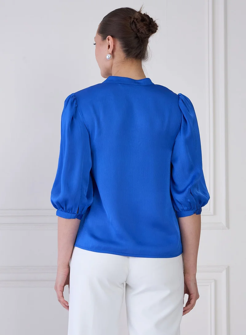 Salt Attire Women's Stylish Band Collar Top with Contrast Pattern Placement, Button Down Opening, and Chic 3/4th Length Blouson Sleeves for Effortless Everyday Fashion