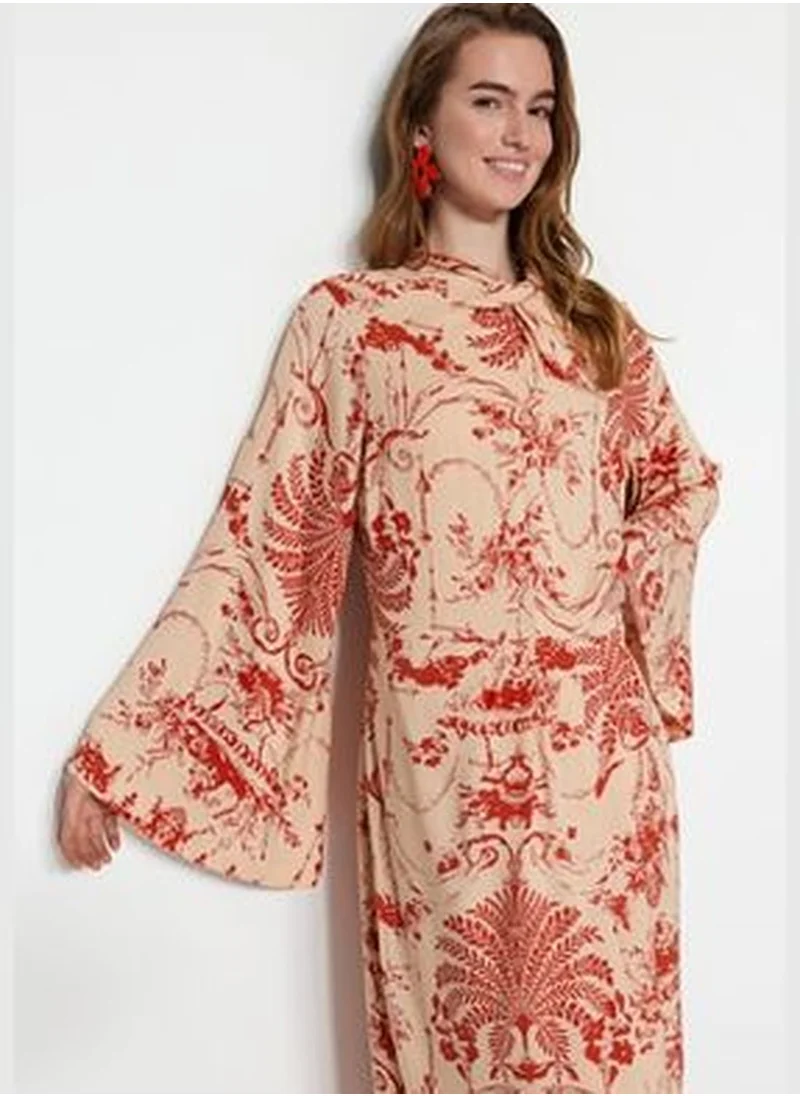 trendyol Cream Patterned Viscose Woven Dress with a Detailed Collar and Wide Sleeves TCTSS23EB00234