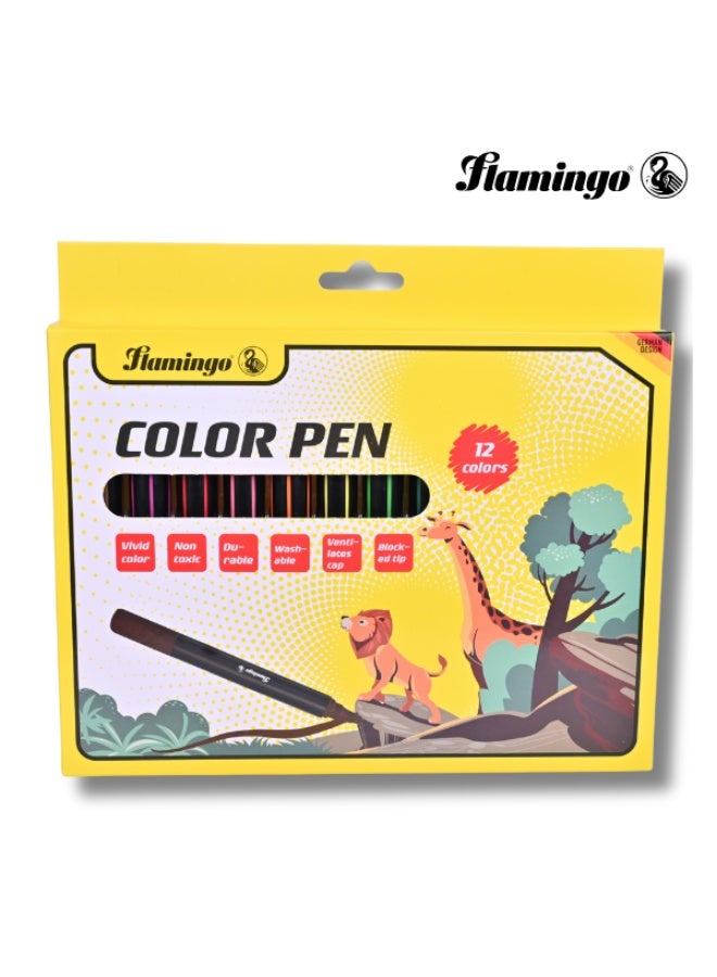 Flamingo Jumbo Color Pens - 12 Vivid Colors - Washable & Non-Toxic - Image 1