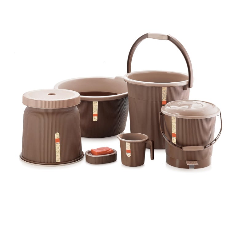 Liza Combo of 6pcs Newton Bathroom Accessories Set Plastic Bathroom Set with 20Ltr Plastic Bucket, Tub, Small Mug, Big Stool, Soap Case, & Dustbin for Home, Kitchen & Bathroom (Brown) - Image 1