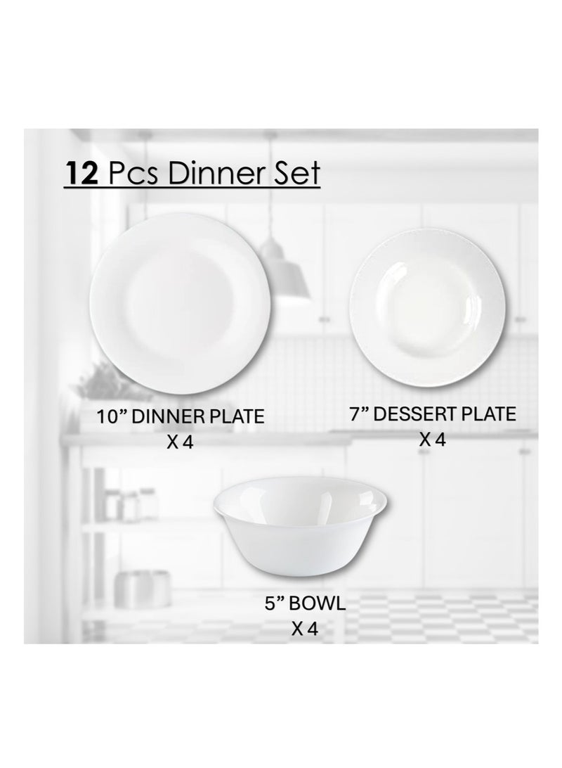 Houzi طقم عشاء هوزي 12 قطعة من الخزف الأوبال 4 أطباق عشاء 4 أطباق حلوى 4 سلطانيات آمن في غسالة الصحون والميكروويف والفريزر خالي من BPA مقاوم للحرارة - Image 2