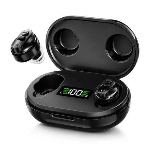 Aika CIC Wireless Rechargeable Hearing Aids for Old Age and Seniors with Digital Display, Noise Reduction, and 30-Hour Battery Life (Black, Manual, 1 Year Warranty, Free Dry Kit) - Image 1