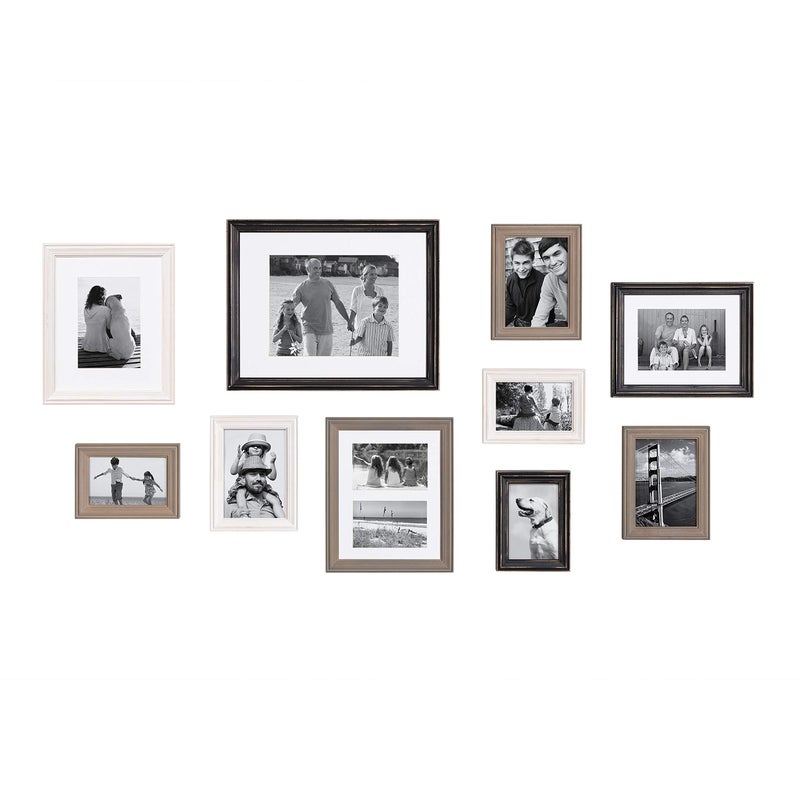 Kate and Laurel Bordeaux Gallery Wall Frame Kit Set of 10 with Assorted Size Frames in Modern Farmhouse Finishes of Black White and Gray