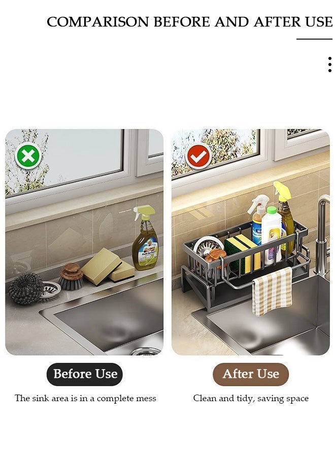 DUNISO حامل تجفيف الأطباق مع صينية تصريف ذاتية التصريف، حامل إسفنجة، مجفف أطباق كبير للحوض لمطبخ، مصفاة أطباق من الفولاذ المقاوم للصدأ مع حامل أدوات، ملحقات مطبخ وحمام فائقة - Image 3