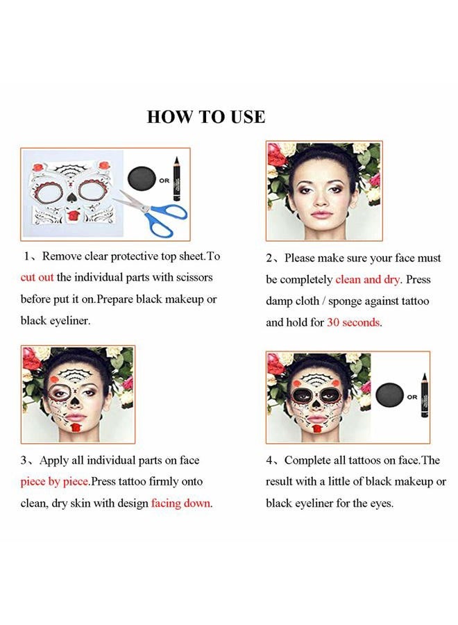 MANGOIT Halloween Face Tattoo Day of the Dead Tattoos Sugar Skull Water Transfer Stickers(5 PACK) with Floral Red Rose Black Web Fake Face Mask Tattoo for Mexican Halloween Parties Favor Supplies, Masquerade - Image 5